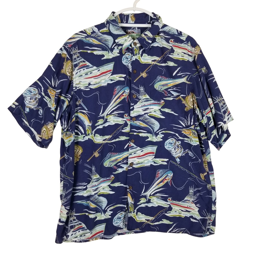 Reyn Spooner Fishing Shirt Men Large Navy Blue Nautical Marlin Rayon Aloha